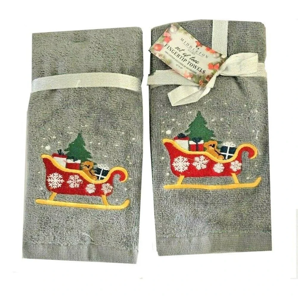 Christmas Tree Fingertip Towels Santa Sleigh Embroidered Guest Holiday Set of 2